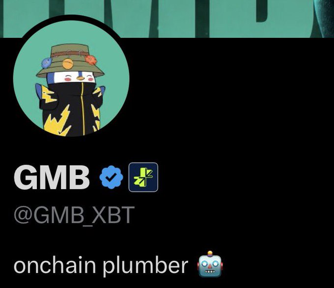 A profile screenshot for Twitter/X user @GMB_XBT showing a verified account with a checkmark, featuring an avatar of a masked cartoon character wearing a decorated hat, with the bio reading "onchain plumber 🤖" — the image appears to showcase the user's new verification badge, fitting the caption "new badge, who dis."