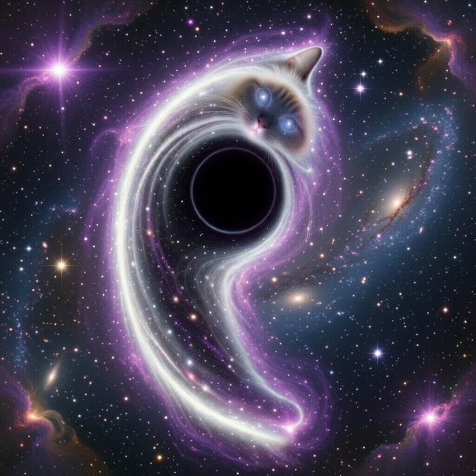 A surreal digital artwork showing a cat's head emerging from a swirling cosmic black hole with purple and white energy streams against a starry galaxy background.