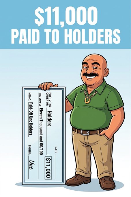 A cartoon bald man in a green shirt holds an oversized check for '$11,000' with the headline '$11,000 PAID TO HOLDERS' displayed prominently above.
