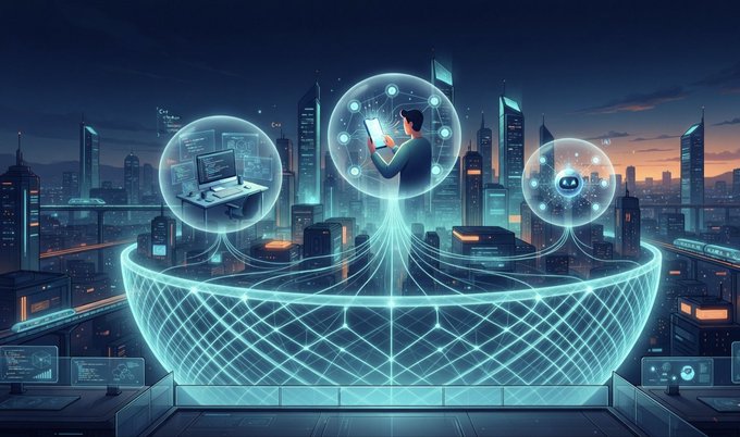 A futuristic digital cityscape at dusk featuring glowing holographic spheres displaying technology icons (laptop, smartphone, AI bot) connected by neon network lines flowing into a central platform.