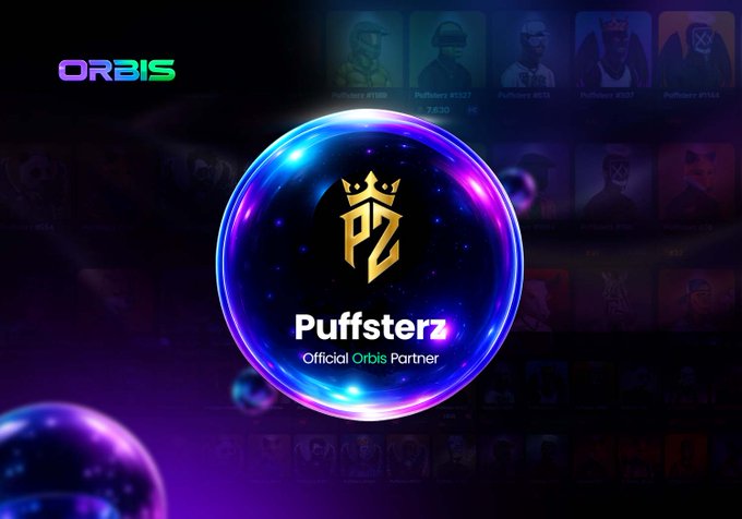 A digital promotional graphic for 'Puffsterz - Official Orbis Partner' featuring a purple glowing bubble with a gold 'PZ' crown logo over a background of character NFT portraits.