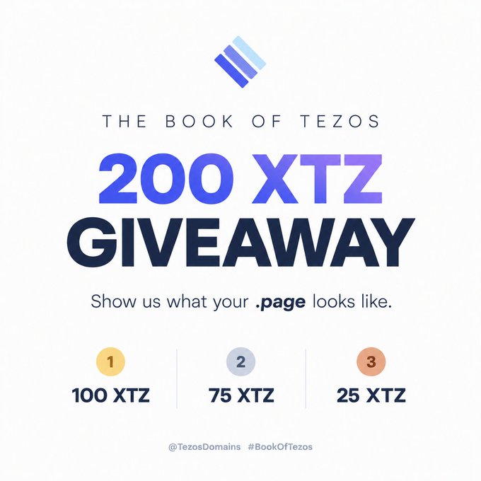 A promotional image for a Tezos Domains giveaway titled "The Book of Tezos 200 XTZ Giveaway," inviting users to share what their .page looks like, with three prizes of 100 XTZ, 75 XTZ, and 25 XTZ for the top three entries (tagged @TezosDomains #BookOfTezos).