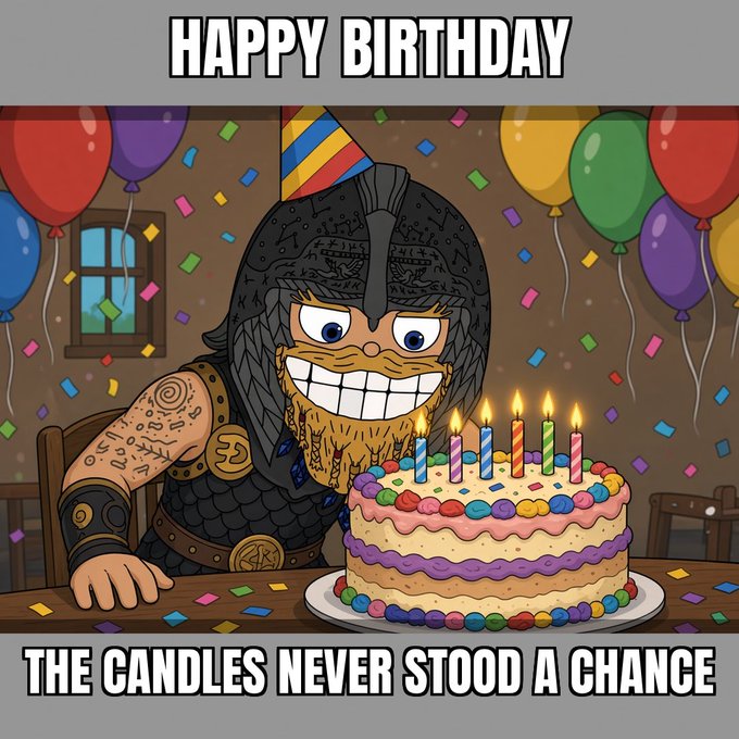 A cartoon Viking warrior with a wide, toothy grin sits before a birthday cake adorned with lit candles, surrounded by balloons and confetti in a festive room. The top text reads "HAPPY BIRTHDAY" and the bottom reads "THE CANDLES NEVER STOOD A CHANCE," humorously tying into the post's birthday celebration for DogeNorway, with the candles representing his 43 trips around the sun that he's successfully "blown out" with another year lived.