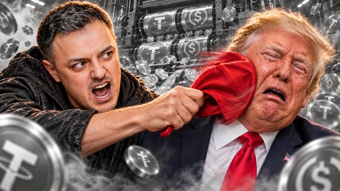 A digital artwork showing an angry Zelenskyy punching a crying Trump in the face with a red boxing glove, while cryptocurrency coins featuring the Tether (₮) symbol float in the background.