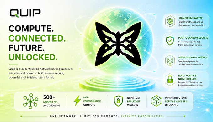 Promotional graphic for Quip, a decentralized network combining quantum and classical computing, with text 'COMPUTE. CONNECTED. FUTURE. UNLOCKED.' and features including 'QUANTUM NATIVE', 'POST-QUANTUM SECURE', and '500+ NODES LIVE'.