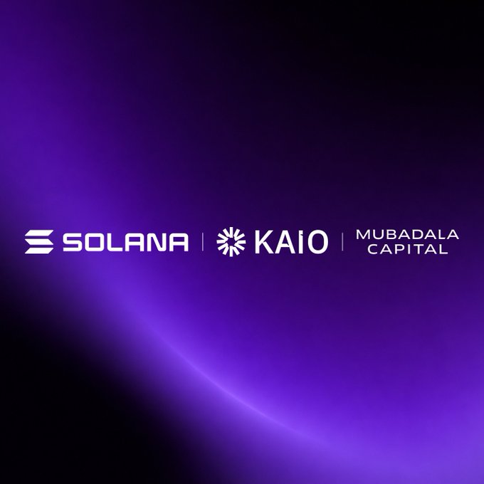 The image displays a promotional graphic with a purple gradient background featuring three logos in white: "SOLANA" (with its distinctive stacked line emblem), "KAIO" (with a starburst/sun icon), and "MUBADALA CAPITAL" — visually representing the partnership announced between the three entities to bring tokenized investment products to the Solana network.