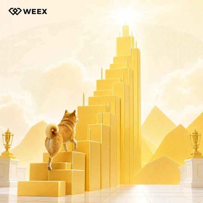 A Shiba Inu climbs a golden staircase of ascending blocks toward a towering skyscraper, set against a backdrop of a glowing world map and pyramids, with the "WEEX" logo in the top-left corner—symbolizing a dog-themed memecoin's ascent to new heights.