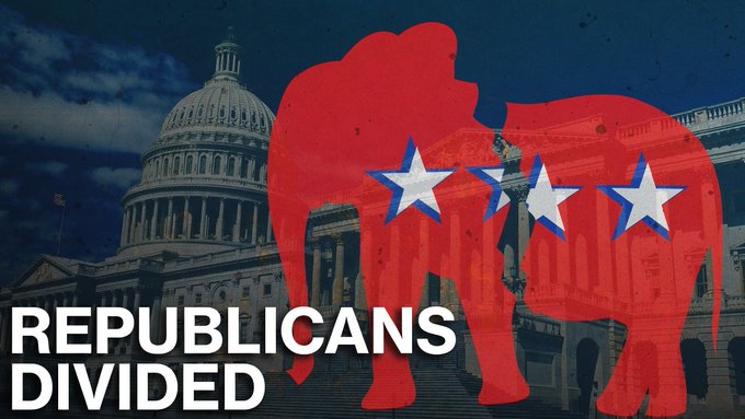 The image features a red elephant silhouette with blue and white stars, the symbol of the Republican Party, overlaid on the U.S. Capitol building, with the bold white text "REPUBLICANS DIVIDED" displayed in the lower-left corner. The graphic visually reinforces the post's message about infighting within the GOP, as the Clarity Act faces resistance from additional Republican senators, highlighting internal party divisions on this legislation.