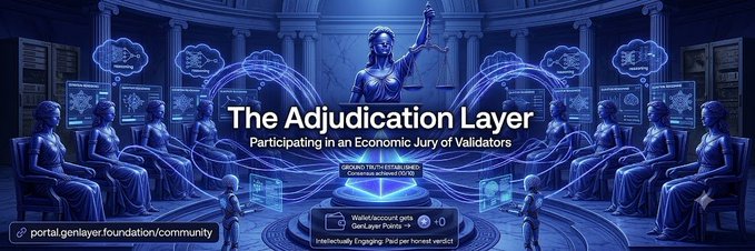 A blue-toned futuristic graphic titled 'The Adjudication Layer' depicting a blindfolded Lady Justice statue surrounded by seated figures in a digital court, with text 'Participating in an Economic Jury of Validators' and a link 'portal.genlayer.foundation/community'.