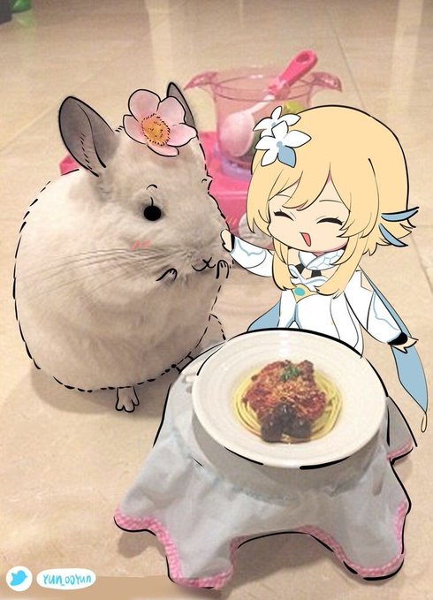 A fluffy hamster with a flower on its head sits next to a smiling anime girl and a plate of spaghetti, with the Twitter handle "@yum_ooyun" visible in the corner. The image humorously illustrates the post's sarcastic take on waiting for a market dip to buy a hyped stock at $100—portraying the hopeful anticipation with the cute, eager-looking characters awaiting their meal.