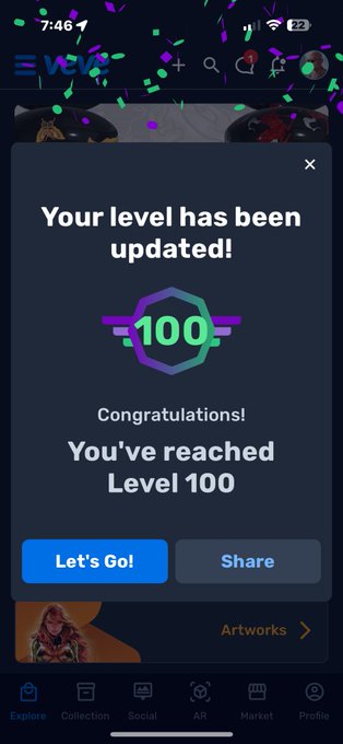 The image shows a phone screen with an app icon, displaying a message congratulating the user on reaching level 100 of their game. The background of the image features confetti, adding a festive atmosphere to the scene.