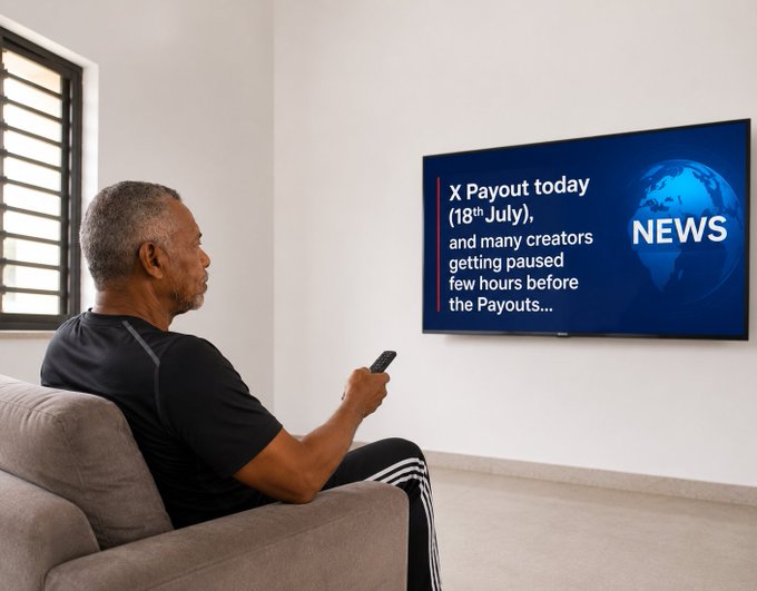 A man sits on a gray couch watching a TV displaying a news headline that reads "X Payout today (18th July), and many creators getting paused few hours before the Payouts..." The image visually represents the post's concern about X (formerly Twitter) creators having their monetization paused just before scheduled payouts, illustrating the real-time impact of these sudden account restrictions on content creators.