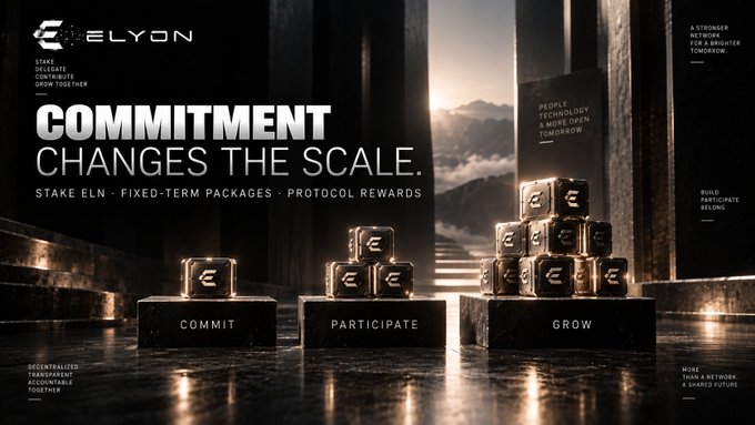 A dark promotional banner for 'ELYON' cryptocurrency featuring the tagline 'COMMITMENT CHANGES THE SCALE' with 'COMMIT', 'PARTICIPATE', and 'GROW' labeled pedestals displaying stacked metallic cubes.