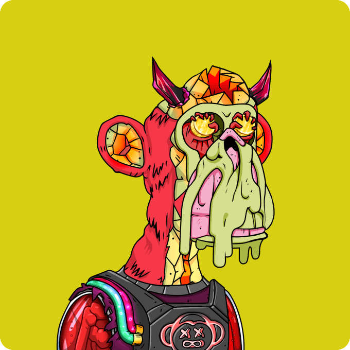 The image features a cartoon monkey with a face painted on its head, wearing a helmet that has a green liquid dripping from it. The monkey appears to be made of clay or plaster and is depicted against a yellow background. The caption below the image reads "Mutant #11700 Bought for 1.55 ETH kaichec.eth 0x8Cd3...e704 etherscan.io/tx/0xedef5ff05 ... Return to Monke: opensea.io/collection/mut ...".