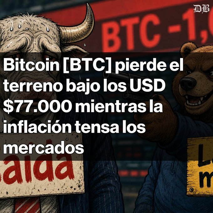 An illustrated financial news graphic featuring a bull and a bear character, with the headline 'Bitcoin [BTC] pierde el terreno bajo los USD $77.000 mientras la inflación tensa los mercados' (Bitcoin loses ground below $77,000 USD as inflation tightens markets).