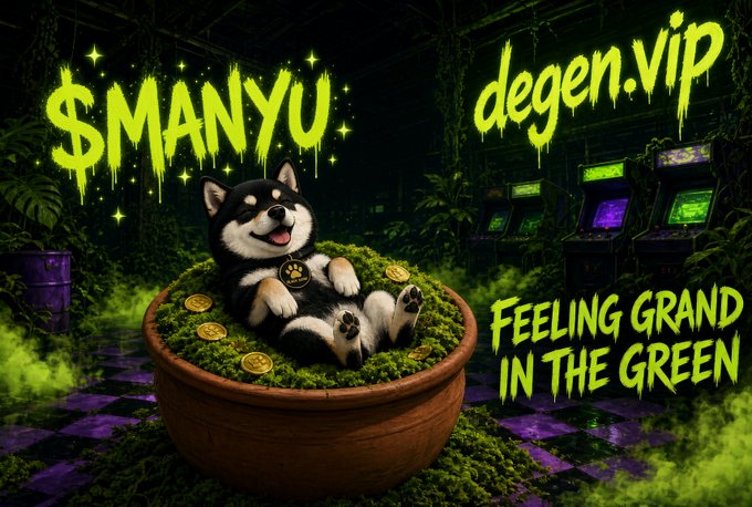 A digital graphic showing a Shiba Inu dog lounging in a moss-filled pot with gold coins, surrounded by green liquid and arcade machines, with text reading '$MANYU', 'degen.vip', and 'FEELING GRAND IN THE GREEN'.