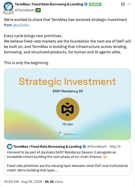 A social media post from TermMaxFi announcing strategic investment from YZi Labs, featuring 'EASY Residency S3' graphics.