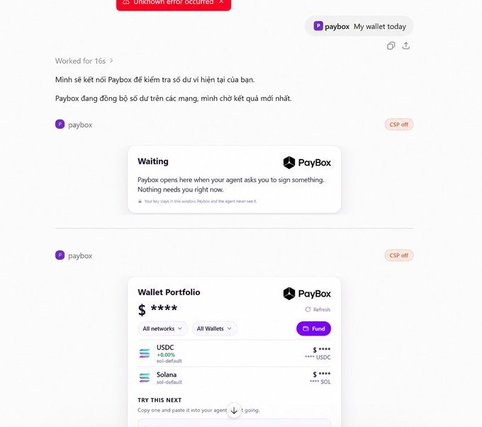 A screenshot of a chatbot conversation with 'paybox' showing messages about checking wallet balance, along with a 'Waiting' prompt and a 'Wallet Portfolio' displaying USDC and Solana balances.