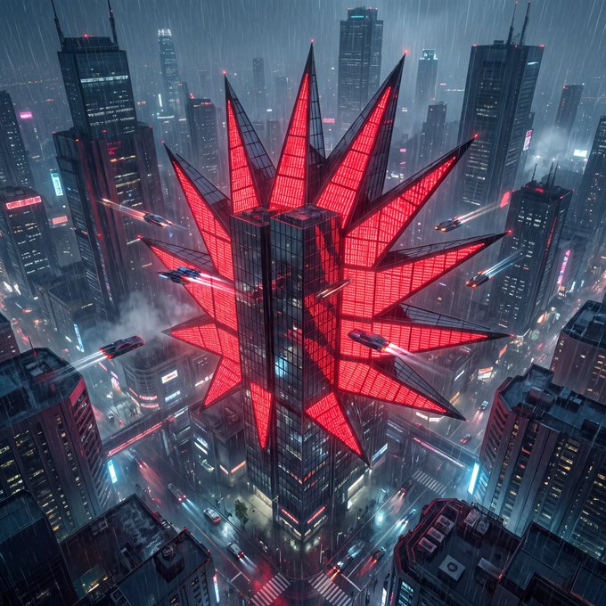 An AI-generated futuristic cityscape featuring a central skyscraper with striking red, crystalline spires and flying vehicles in the rainy night.