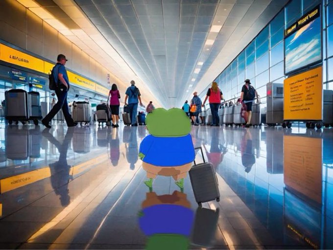 A cartoon frog character wearing a blue shirt and pulling a black suitcase stands in a brightly lit airport terminal with travelers and reflective floors.