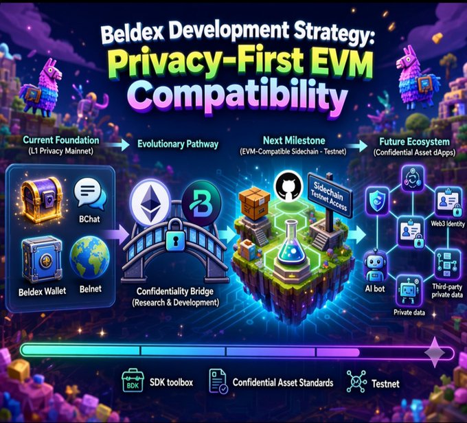 An infographic titled 'Beldex Development Strategy: Privacy-First EVM Compatibility' showing an evolutionary pathway from 'Current Foundation' (L1 Privacy Mainnet with Beldex Wallet and Belnet) through 'Confidentiality Bridge (Research & Development)' to 'Next Milestone' (EVM-Compatible Sidechain - Testnet) and 'Future Ecosystem' (Confidential Asset dApps with AI bot and Web3 Identity).