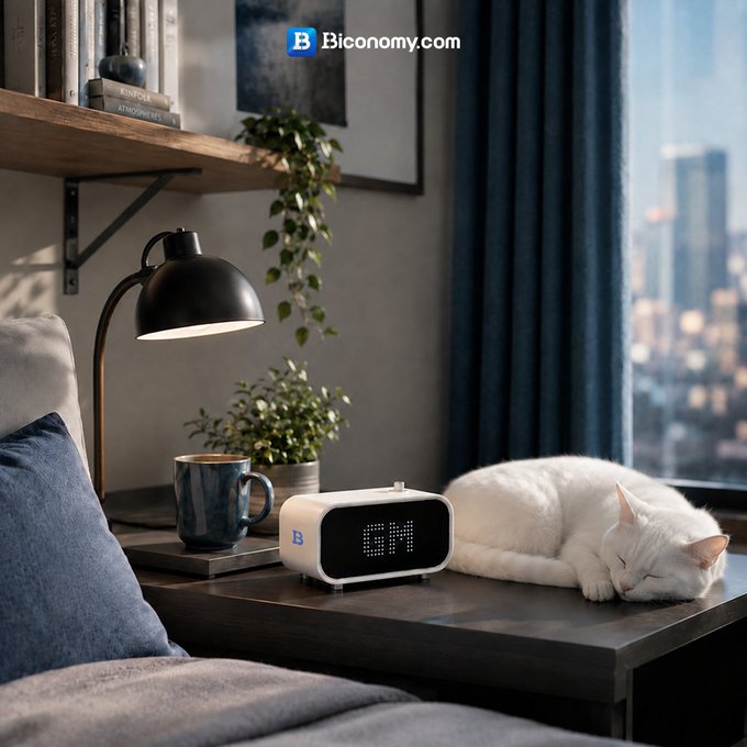 A lifestyle product photo for Biconomy.com showing a white cat sleeping beside a digital clock displaying '8:51' on a wooden side table in a modern living room.