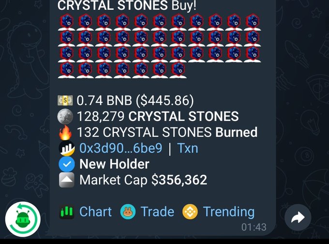 A Telegram trading bot interface showing a buy transaction for 128,279 CRYSTAL STONES for 0.74 BNB ($445.86), with details including a transaction hash and market cap of $356,362.