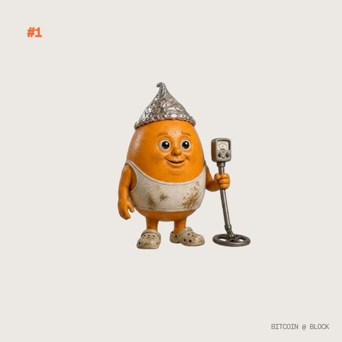 An orange, egg-shaped character dressed as a treasure-hunting prospector with a foil tinfoil hat, dirty tank top, and metal detector, labeled "BITCOIN @ BLOCK" with "#1" in the corner — humorously depicting the archetypal early Bitcoin enthusiast who scours the earth searching for the cryptocurrency, fitting the "Which bitcoiner are you?" theme as the classic, all-in maximalist archetype.