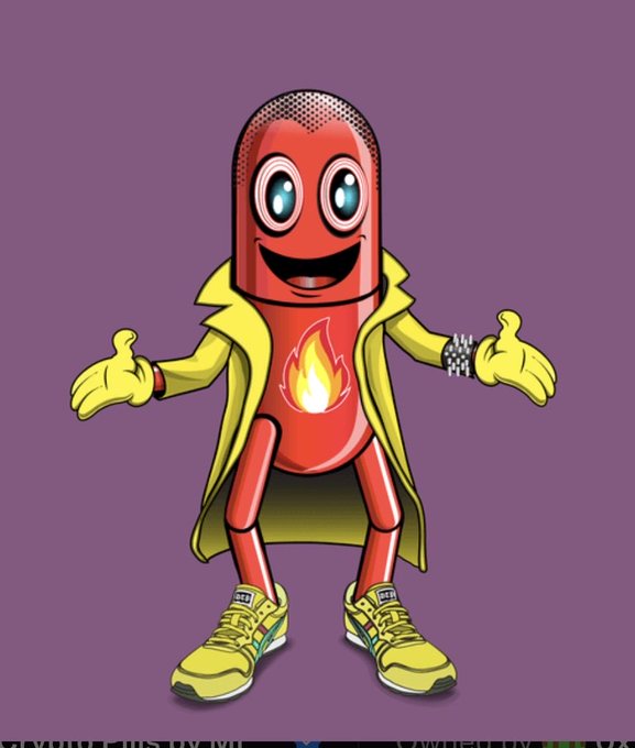 A cartoon illustration of a red pill-shaped character with a big smile, wearing a yellow trench coat and yellow sneakers against a purple background.