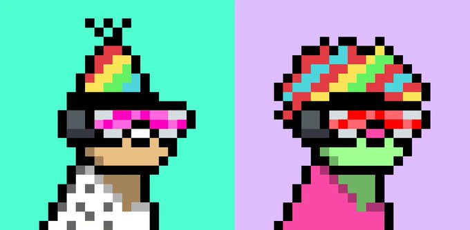 Side-by-side pixel art characters against mint green and lavender backgrounds, one wearing a colorful party hat with pink shades and the other with rainbow dreadlocks and red shades.
