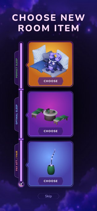 Mobile game interface titled "CHOOSE NEW ROOM ITEM" with three options: a "PERFECT SLEEP" bed with a sleeping character, an "OPTIMAL SLEEP" table with chairs, and a "PLAY ATTAIR" green vase, plus a Skip button at the bottom.