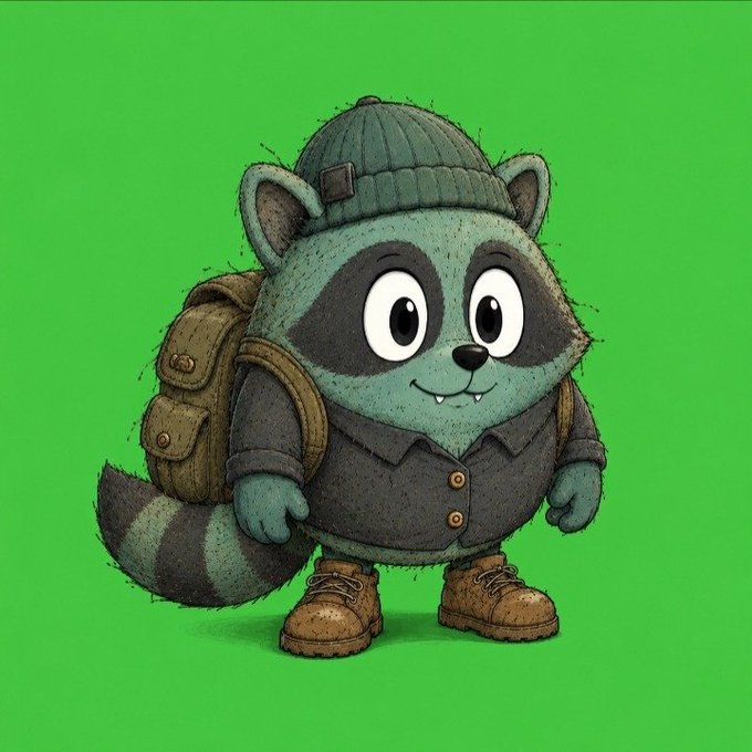 A cartoon raccoon character wearing a beanie, backpack, and boots stands on a bright green background, fitting the "scavenger" theme referenced in the accompanying post about @SmogDust NFT giveaways.