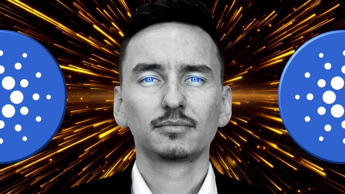 A black-and-white portrait of a man with glowing blue eyes is centered against a dynamic background of radiating golden light streaks, flanked by two blue Cardano (ADA) logos, visually emphasizing the bullish outlook for $ADA mentioned in the accompanying post about The Moon Show's price recovery analysis.