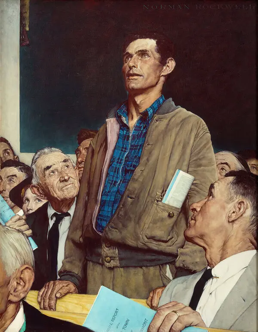 Norman Rockwell's 1951 painting "Freedom from Fear" depicts a stoic father holding a folded newspaper while boarding his family into bed, with the artist's signature "Norman Rockwell" visible at the top right corner and a "TOWN REPORT" document tucked in his jacket. The image relates to the post "Clarity is not cypherpunk" by illustrating how Rockwell's accessible, emotionally clear artistic style conveys complex societal messages about post-WWII anxieties and family protection without esoteric obscurity—aligning with the post's assertion that transparent communication transcends the deliberately opaque jargon of crypto culture.