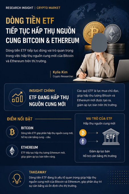 The image is a Vietnamese-language research infographic titled "DÒNG TIỀN ETF TIẾP TỤC HẤP THỤ NGUỒN CUNG BITCOIN & ETHEREUM" (ETF Money Flow Continues to Absorb Bitcoin & Ethereum Supply) by Crypto Researcher Kylie Kim, featuring sections on Bitcoin and Ethereum ETFs acting as major buyers, reducing selling pressure and supporting market balance.

Notably, this crypto-focused infographic does not relate to the accompanying post about U.S. retail sales declining 0.6% in July 2026 and potential Fed policy shifts—the two topics cover entirely different subjects.