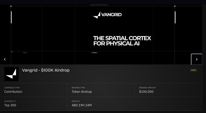 A screenshot of a Vangrid token airdrop campaign page advertising 'THE SPATIAL CORTEX FOR PHYSICAL AI' with a reward amount of $100,000 and eligibility for the top 300 contributors.