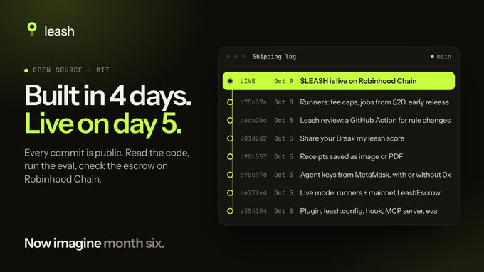 A promotional graphic for 'leash' with the tagline 'Built in 4 days. Live on day 5.', describing it as 'OPEN SOURCE • MIT'. It features a 'Shipping log' with commit hashes and updates, highlighting 'LIVE Oct 9 - $LEASH is live on Robinhood Chain'.