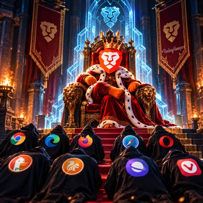 A fantasy AI-generated illustration of a king wearing a crown and red royal robes seated on a golden throne, with hooded figures displaying various web browser logos kneeling before him.