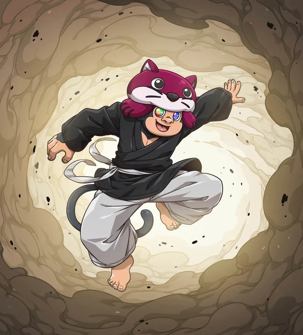 A cartoon-style illustration of a child in black martial arts attire leaping out of a sandy pit or cave, wearing a large red and white cat-themed hood and displaying rainbow-colored eyes.