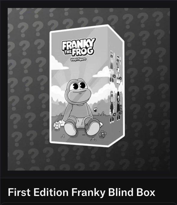 A grayscale promotional image for a 'Franky the Frog Vinyl Figure' blind box, with the packaging shown against a dark question-mark patterned background, labeled 'First Edition Franky Blind Box'.