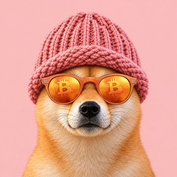 An AI-generated image of a Shiba Inu dog wearing a pink knitted beanie and orange-tinted sunglasses featuring the Bitcoin (₿) logo on the lenses, set against a pink background.