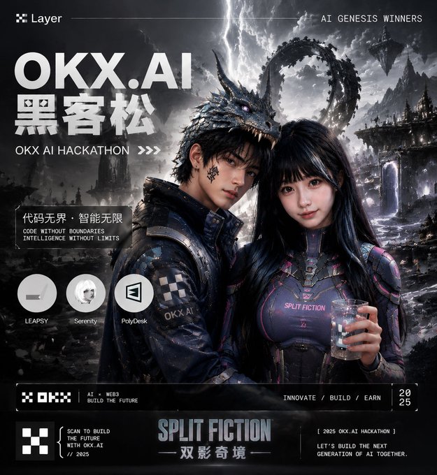 Promotional poster for the OKX.AI Hackathon featuring a sci-fi fantasy scene with a male and female character, a dragon, and the text 'SPLIT FICTION', 'CODE WITHOUT BOUNDARIES / INTELLIGENCE WITHOUT LIMITS', and logos for LEAPSY, Serenity, and PolyDesk.