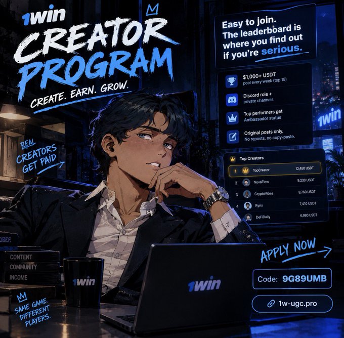 A promotional graphic for the '1win Creator Program' featuring anime-style artwork of a young man at a laptop, highlighting a $1,000+ USDT weekly pool, Discord roles, and ambassador status for top creators.