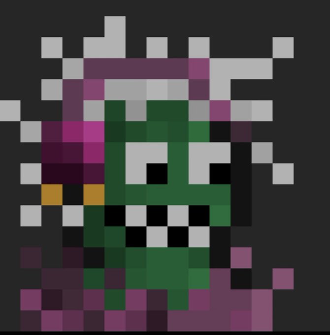 A pixel art portrait of a green-skinned character with purple and white features, wearing a wide grin against a dark gray background.