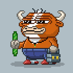 A pixel art character depicting an orange anthropomorphic bull with horns, wearing a green necklace and blue jeans, holding a green item in one hand and a boombox in the other.