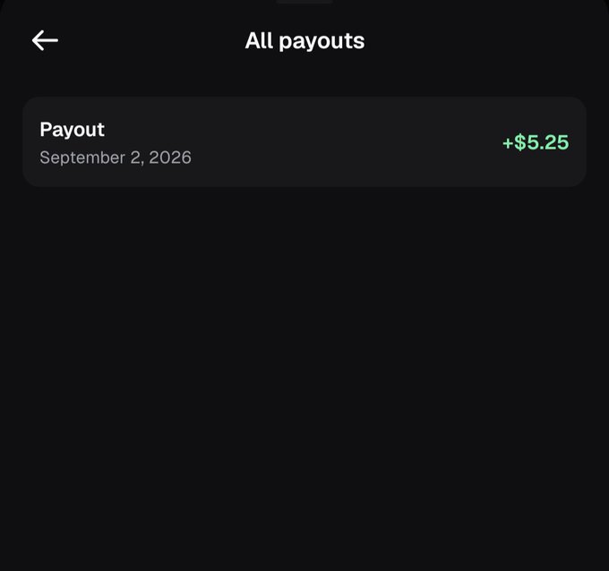 A mobile screenshot from the PumpFun app titled "All payouts" showing a single payout entry of "+$5.25" dated September 2, 2026, representing the creator's initial earnings on the platform as suggested by the caption "Just the beginning."