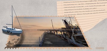 A collage featuring a photograph of a sailboat and a sunset pier overlaid on handwritten German text and paper textures.
