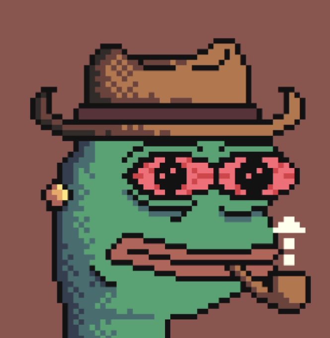 A pixel art illustration depicts a green-skinned character wearing a brown hat and red sunglasses, smoking a wooden pipe with smoke trailing upward.