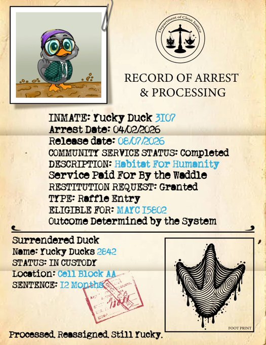 A humorous 'Record of Arrest & Processing' document for an inmate named 'Yucky Duck' (ID 3107), listing details like Habitat for Humanity service and community service paid for 'By the Weddle'.