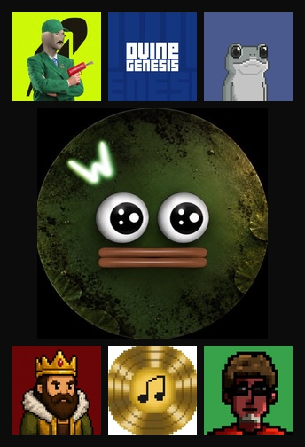 A promotional image featuring a central distressed green circular character with large eyes, surrounded by smaller panels including 'QUINE GENESIS' text, pixel art of a king, a music note coin, and pixel portraits.